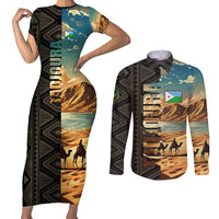 Djibouti Desert Landscape Tadjoura Couples Matching Short Sleeve Bodycon Dress and Long Sleeve Button Shirt with Camel Riders and Tribal Pattern Design