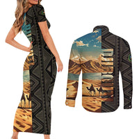 Djibouti Desert Landscape Tadjoura Couples Matching Short Sleeve Bodycon Dress and Long Sleeve Button Shirt with Camel Riders and Tribal Pattern Design
