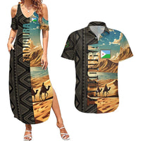 Djibouti Desert Landscape Tadjoura Couples Matching Summer Maxi Dress and Hawaiian Shirt with Camel Riders and Tribal Pattern Design