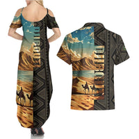 Djibouti Desert Landscape Tadjoura Couples Matching Summer Maxi Dress and Hawaiian Shirt with Camel Riders and Tribal Pattern Design