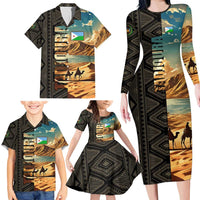 Djibouti Desert Landscape Tadjoura Family Matching Long Sleeve Bodycon Dress and Hawaiian Shirt with Camel Riders and Tribal Pattern Design