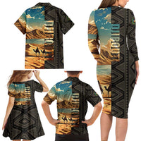 Djibouti Desert Landscape Tadjoura Family Matching Long Sleeve Bodycon Dress and Hawaiian Shirt with Camel Riders and Tribal Pattern Design