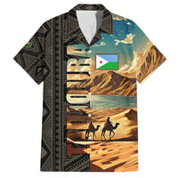 Djibouti Desert Landscape Tadjoura Family Matching Long Sleeve Bodycon Dress and Hawaiian Shirt with Camel Riders and Tribal Pattern Design
