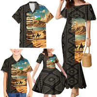 Djibouti Desert Landscape Tadjoura Family Matching Mermaid Dress and Hawaiian Shirt with Camel Riders and Tribal Pattern Design