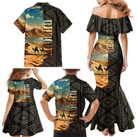 Djibouti Desert Landscape Tadjoura Family Matching Mermaid Dress and Hawaiian Shirt with Camel Riders and Tribal Pattern Design