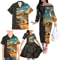 Djibouti Desert Landscape Tadjoura Family Matching Off The Shoulder Long Sleeve Dress and Hawaiian Shirt with Camel Riders and Tribal Pattern Design