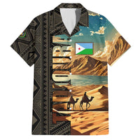 Djibouti Desert Landscape Tadjoura Family Matching Off The Shoulder Long Sleeve Dress and Hawaiian Shirt with Camel Riders and Tribal Pattern Design