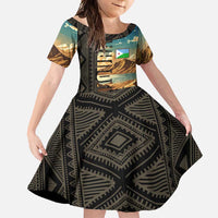 Djibouti Desert Landscape Tadjoura Family Matching Off Shoulder Maxi Dress and Hawaiian Shirt with Camel Riders and Tribal Pattern Design