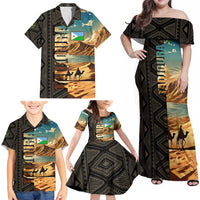 Djibouti Desert Landscape Tadjoura Family Matching Off Shoulder Maxi Dress and Hawaiian Shirt with Camel Riders and Tribal Pattern Design