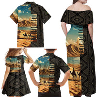 Djibouti Desert Landscape Tadjoura Family Matching Off Shoulder Maxi Dress and Hawaiian Shirt with Camel Riders and Tribal Pattern Design