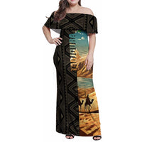Djibouti Desert Landscape Tadjoura Family Matching Off Shoulder Maxi Dress and Hawaiian Shirt with Camel Riders and Tribal Pattern Design