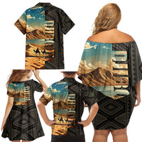 Djibouti Desert Landscape Tadjoura Family Matching Off Shoulder Short Dress and Hawaiian Shirt with Camel Riders and Tribal Pattern Design