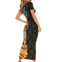 Djibouti Desert Landscape Tadjoura Family Matching Short Sleeve Bodycon Dress and Hawaiian Shirt with Camel Riders and Tribal Pattern Design