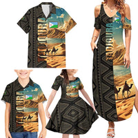 Djibouti Desert Landscape Tadjoura Family Matching Summer Maxi Dress and Hawaiian Shirt with Camel Riders and Tribal Pattern Design