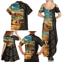 Djibouti Desert Landscape Tadjoura Family Matching Summer Maxi Dress and Hawaiian Shirt with Camel Riders and Tribal Pattern Design