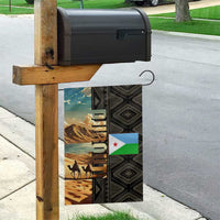 Djibouti Desert Landscape Tadjoura Garden Flag with Camel Riders and Tribal Pattern Design