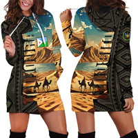 Djibouti Desert Landscape Tadjoura Hoodie Dress with Camel Riders and Tribal Pattern Design