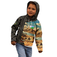 Djibouti Desert Landscape Tadjoura Kid Hoodie with Camel Riders and Tribal Pattern Design