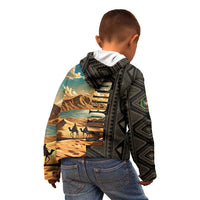 Djibouti Desert Landscape Tadjoura Kid Hoodie with Camel Riders and Tribal Pattern Design