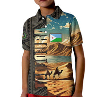 Djibouti Desert Landscape Tadjoura Kid Polo Shirt with Camel Riders and Tribal Pattern Design