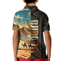 Djibouti Desert Landscape Tadjoura Kid Polo Shirt with Camel Riders and Tribal Pattern Design