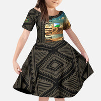 Djibouti Desert Landscape Tadjoura Kid Short Sleeve Dress with Camel Riders and Tribal Pattern Design