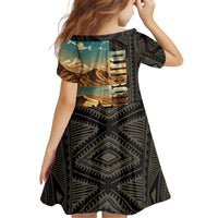 Djibouti Desert Landscape Tadjoura Kid Short Sleeve Dress with Camel Riders and Tribal Pattern Design