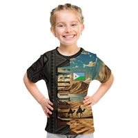 Djibouti Desert Landscape Tadjoura Kid T Shirt with Camel Riders and Tribal Pattern Design