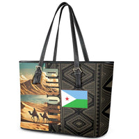 Djibouti Desert Landscape Tadjoura Leather Tote Bag with Camel Riders and Tribal Pattern Design