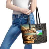 Djibouti Desert Landscape Tadjoura Leather Tote Bag with Camel Riders and Tribal Pattern Design