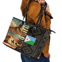 Djibouti Desert Landscape Tadjoura Leather Tote Bag with Camel Riders and Tribal Pattern Design