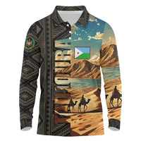 Djibouti Desert Landscape Tadjoura Long Sleeve Polo Shirt with Camel Riders and Tribal Pattern Design