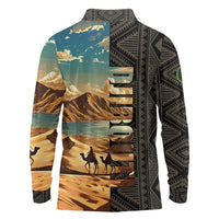 Djibouti Desert Landscape Tadjoura Long Sleeve Polo Shirt with Camel Riders and Tribal Pattern Design