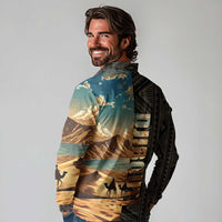 Djibouti Desert Landscape Tadjoura Long Sleeve Polo Shirt with Camel Riders and Tribal Pattern Design