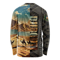 Djibouti Desert Landscape Tadjoura Long Sleeve Shirt with Camel Riders and Tribal Pattern Design