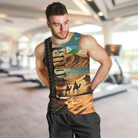 Djibouti Desert Landscape Tadjoura Men Tank Top with Camel Riders and Tribal Pattern Design