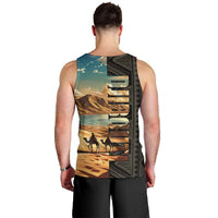 Djibouti Desert Landscape Tadjoura Men Tank Top with Camel Riders and Tribal Pattern Design