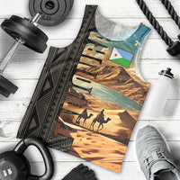 Djibouti Desert Landscape Tadjoura Men Tank Top with Camel Riders and Tribal Pattern Design