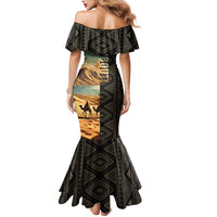 Djibouti Desert Landscape Tadjoura Mermaid Dress with Camel Riders and Tribal Pattern Design