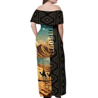 Djibouti Desert Landscape Tadjoura Off Shoulder Maxi Dress with Camel Riders and Tribal Pattern Design