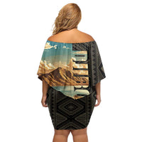 Djibouti Desert Landscape Tadjoura Off Shoulder Short Dress with Camel Riders and Tribal Pattern Design