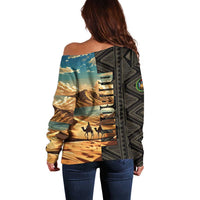Djibouti Desert Landscape Tadjoura Off Shoulder Sweater with Camel Riders and Tribal Pattern Design