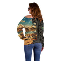 Djibouti Desert Landscape Tadjoura Off Shoulder Sweater with Camel Riders and Tribal Pattern Design
