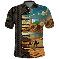 Djibouti Desert Landscape Tadjoura Polo Shirt with Camel Riders and Tribal Pattern Design