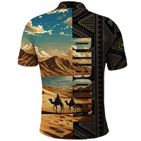 Djibouti Desert Landscape Tadjoura Polo Shirt with Camel Riders and Tribal Pattern Design