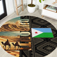 Djibouti Desert Landscape Tadjoura Round Carpet with Camel Riders and Tribal Pattern Design