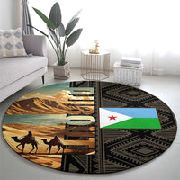 Djibouti Desert Landscape Tadjoura Round Carpet with Camel Riders and Tribal Pattern Design