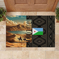 Djibouti Desert Landscape Tadjoura Rubber Doormat with Camel Riders and Tribal Pattern Design