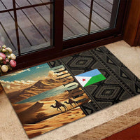 Djibouti Desert Landscape Tadjoura Rubber Doormat with Camel Riders and Tribal Pattern Design