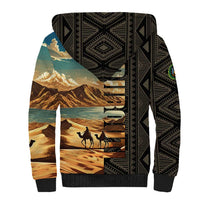 Djibouti Desert Landscape Tadjoura Sherpa Hoodie with Camel Riders and Tribal Pattern Design